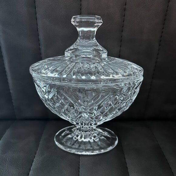 Vintage Shannon Crystal Footed Oval Cut Glass Candy Sugar Dish With Lid - Picture 2 of 11